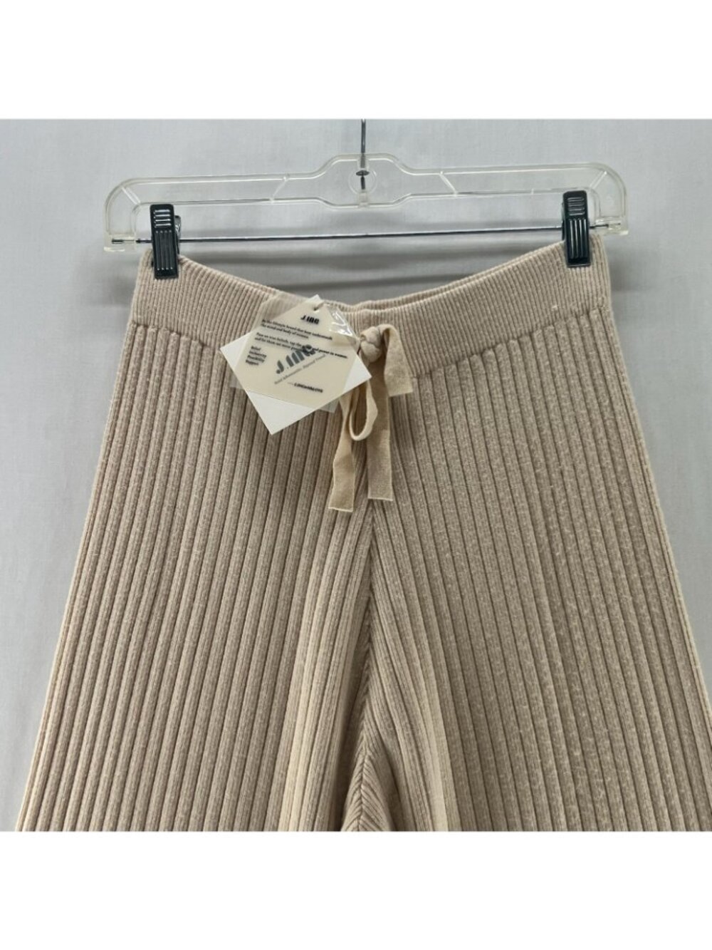 J.ING Ribbed Knit Wide Leg Lounge Pants Women One Size Stretch Drawstring Beige - Picture 6 of 12